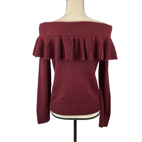 WAYF SHELDON OFF SHOULDER RUFFLE KNIT SWEATER IN RED TANNIN MEDIUM - Picture 7 of 9